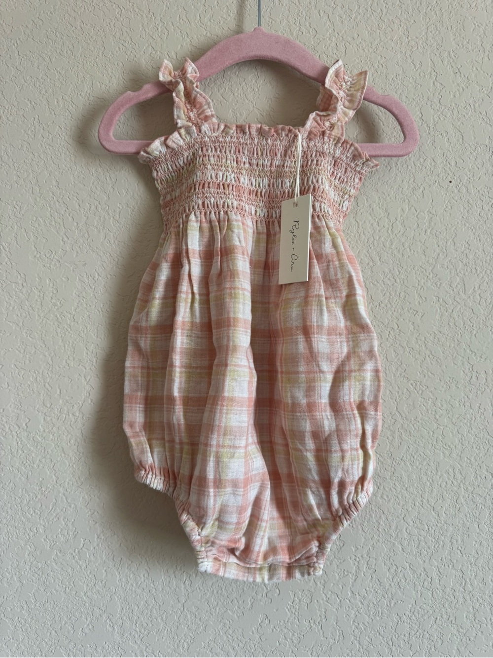 Rylee + Cru Pink Plaid Smocked Romper